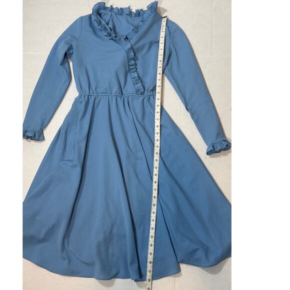 Vintage 70s Blue Retro Secretary Ruffle Dress Small Modest Midi Cottagecore - Picture 7 of 9
